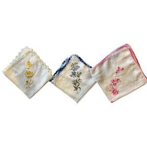 Vintage embroidered lot of 3 ladies handkerchiefs